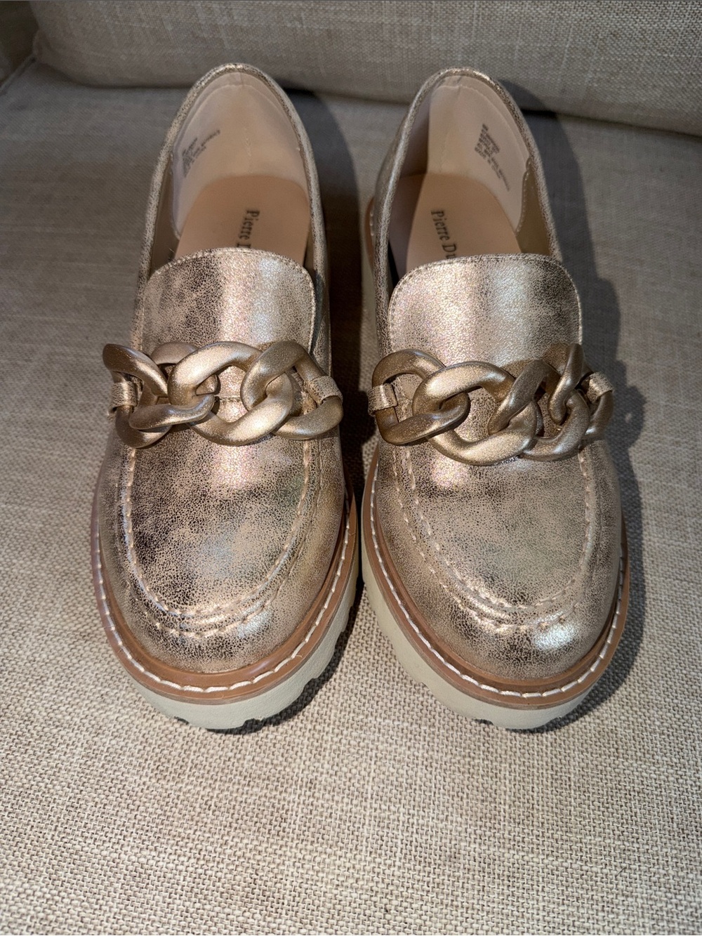 Pierre Dumas Metallic Gold Chain-Trim Loafers